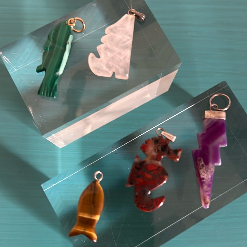 Collection 5 Carved Stone Pendants Fish Wolf Fish Sea Horse Lightening Bolt